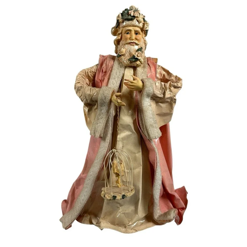 Vintage SILVESTRI Paper Mache Santa - Pink Father Christmas Tree Topper Decor